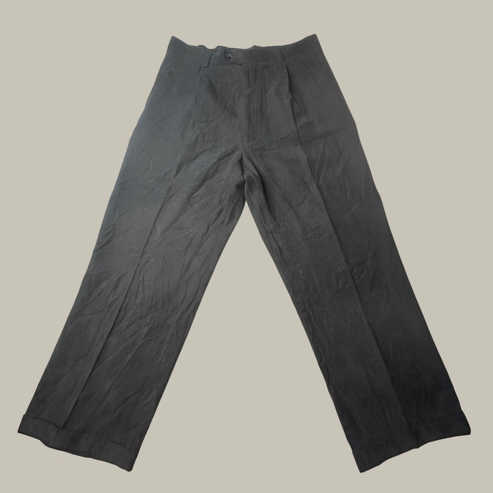 Inserch Dress Pants Mens 34x28 Pleated Cuffed Black Microfiber Slacks Business